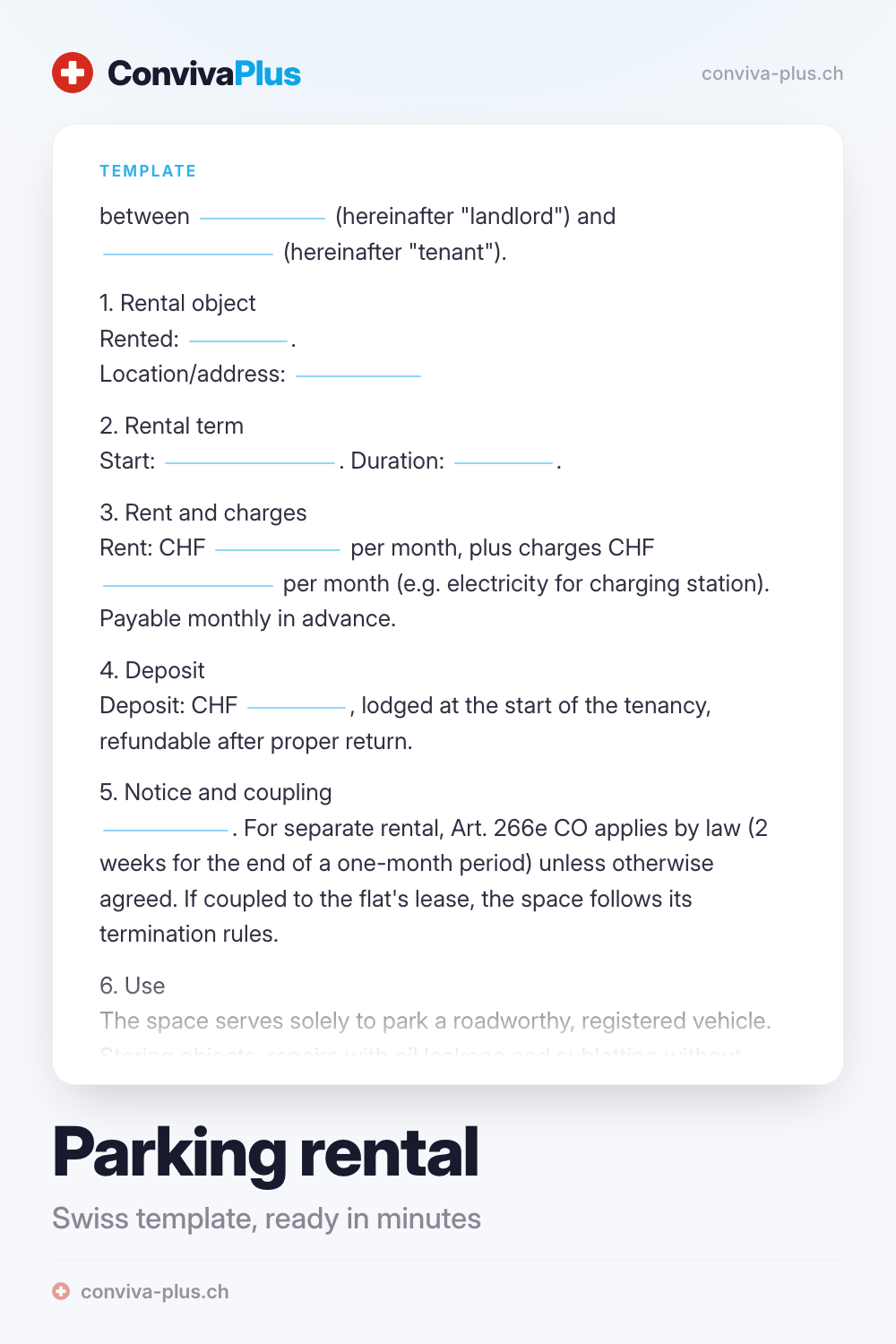 Sample Swiss parking space or garage rental agreement with blanks for the parties and rent, template by ConvivaPlus