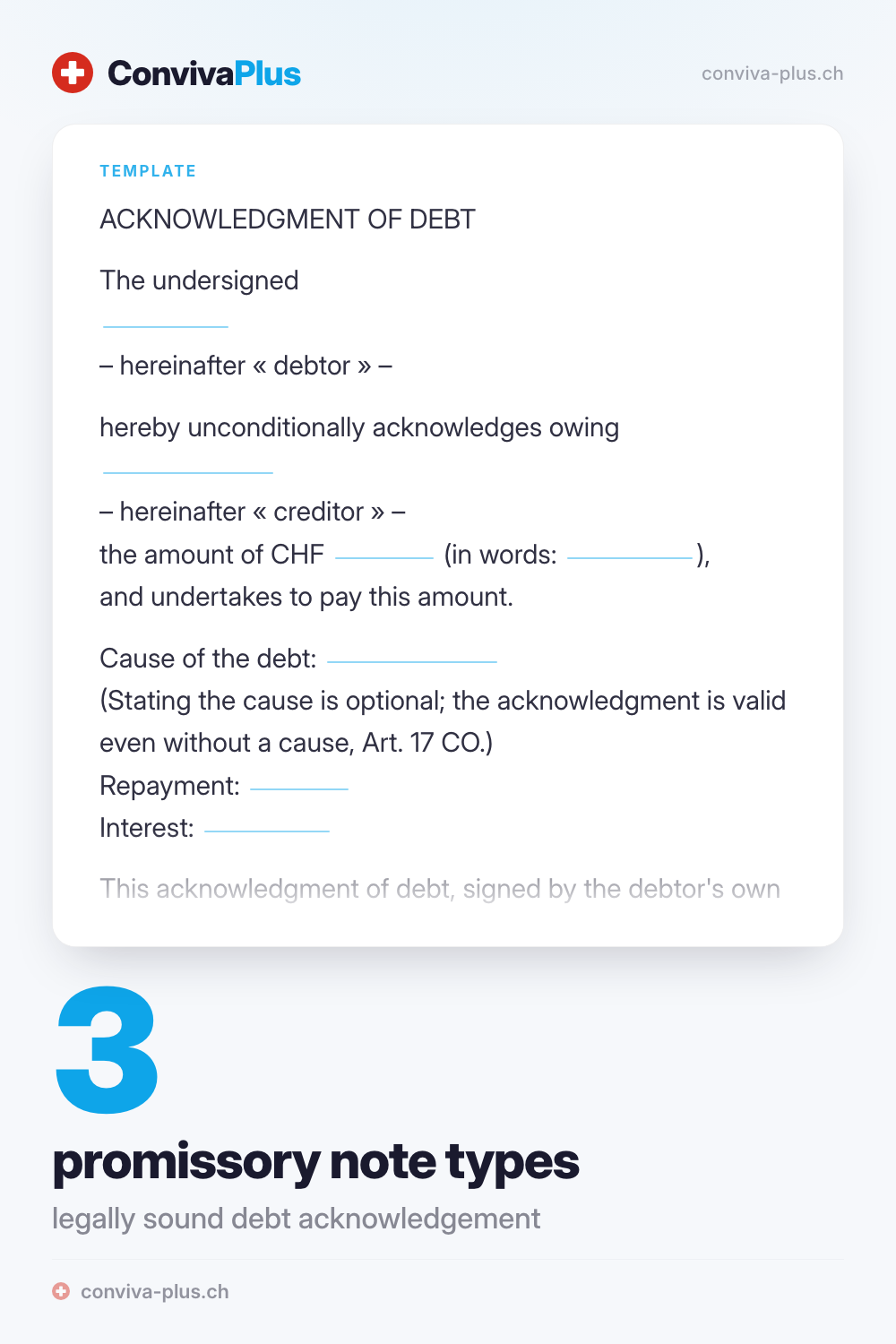 Sample Swiss debt acknowledgement with blanks for creditor, debtor and amount, from the ConvivaPlus template with 3 note types