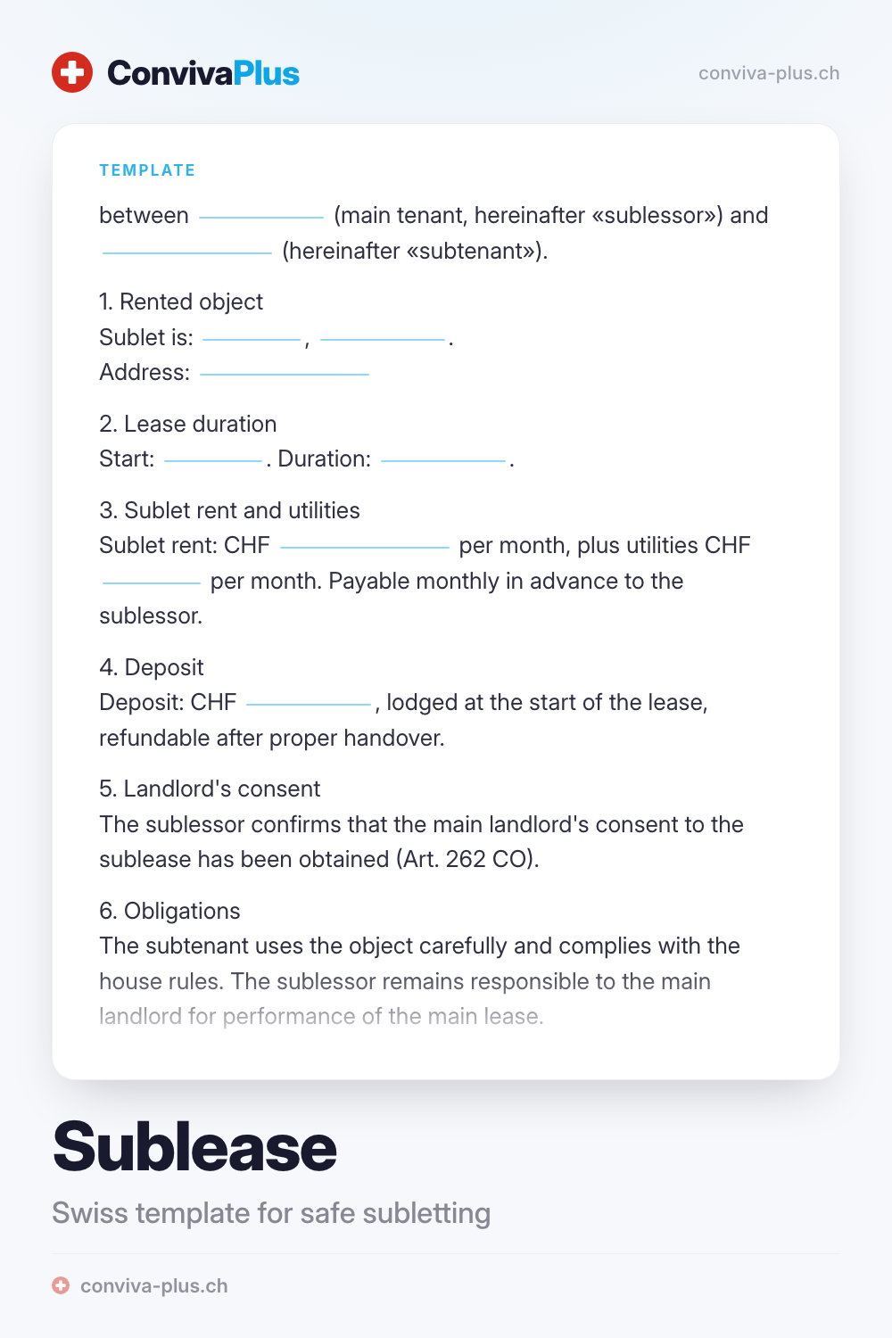 Sample Swiss sublease agreement with blanks for sublessor, subtenant and rent, template by ConvivaPlus