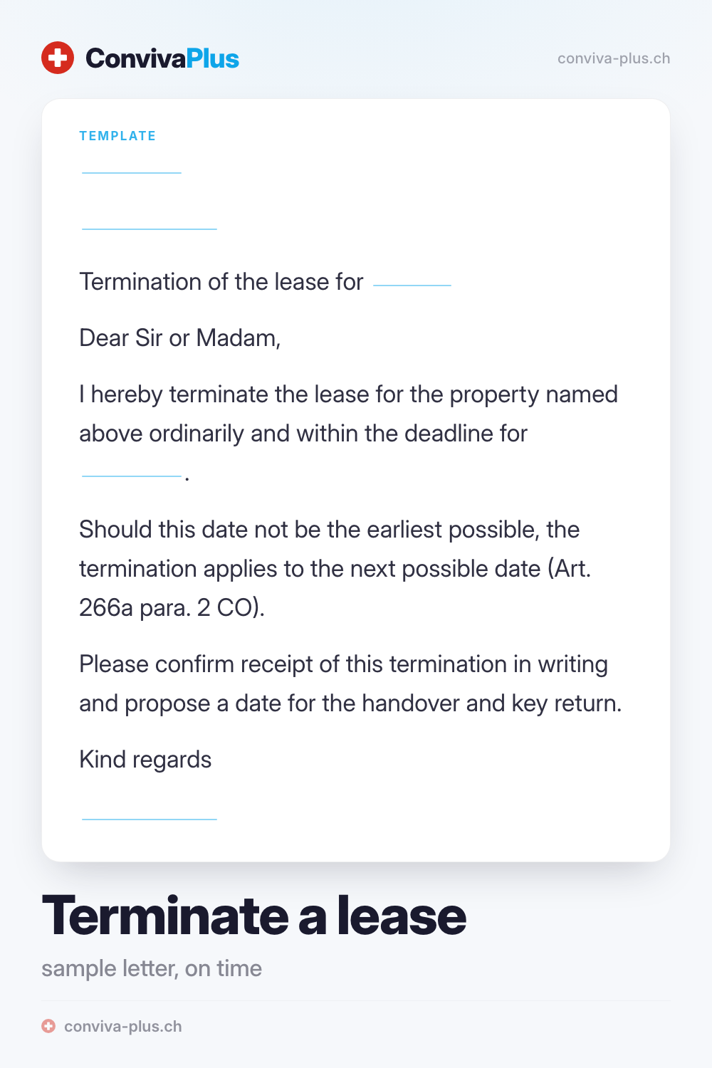 Sample letter terminating a Swiss rental agreement with blanks for address, property and notice date, template by ConvivaPlus
