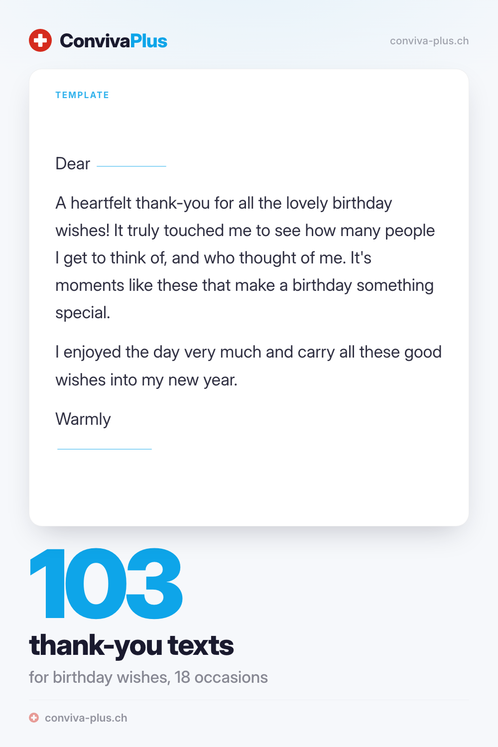 Sample thank-you message for birthday wishes with blanks to fill in, from the ConvivaPlus collection of 103 texts