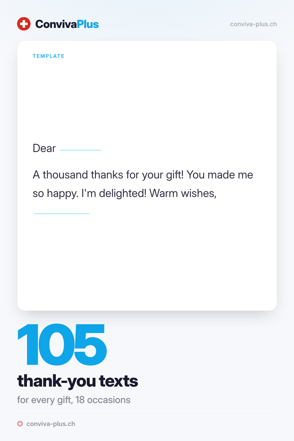 Sample thank-you card for a gift with blanks to fill in, from the ConvivaPlus collection of 105 texts for 18 occasions