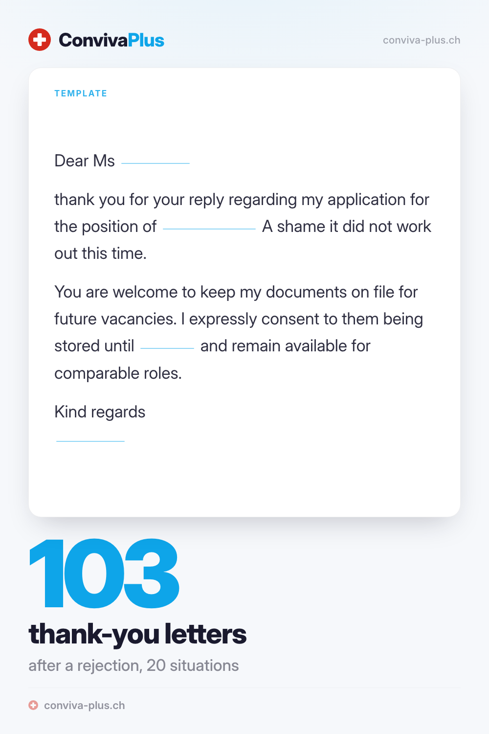 Sample thank-you letter after a job rejection with blanks to fill in, from the ConvivaPlus collection of 103 templates for 20 situations