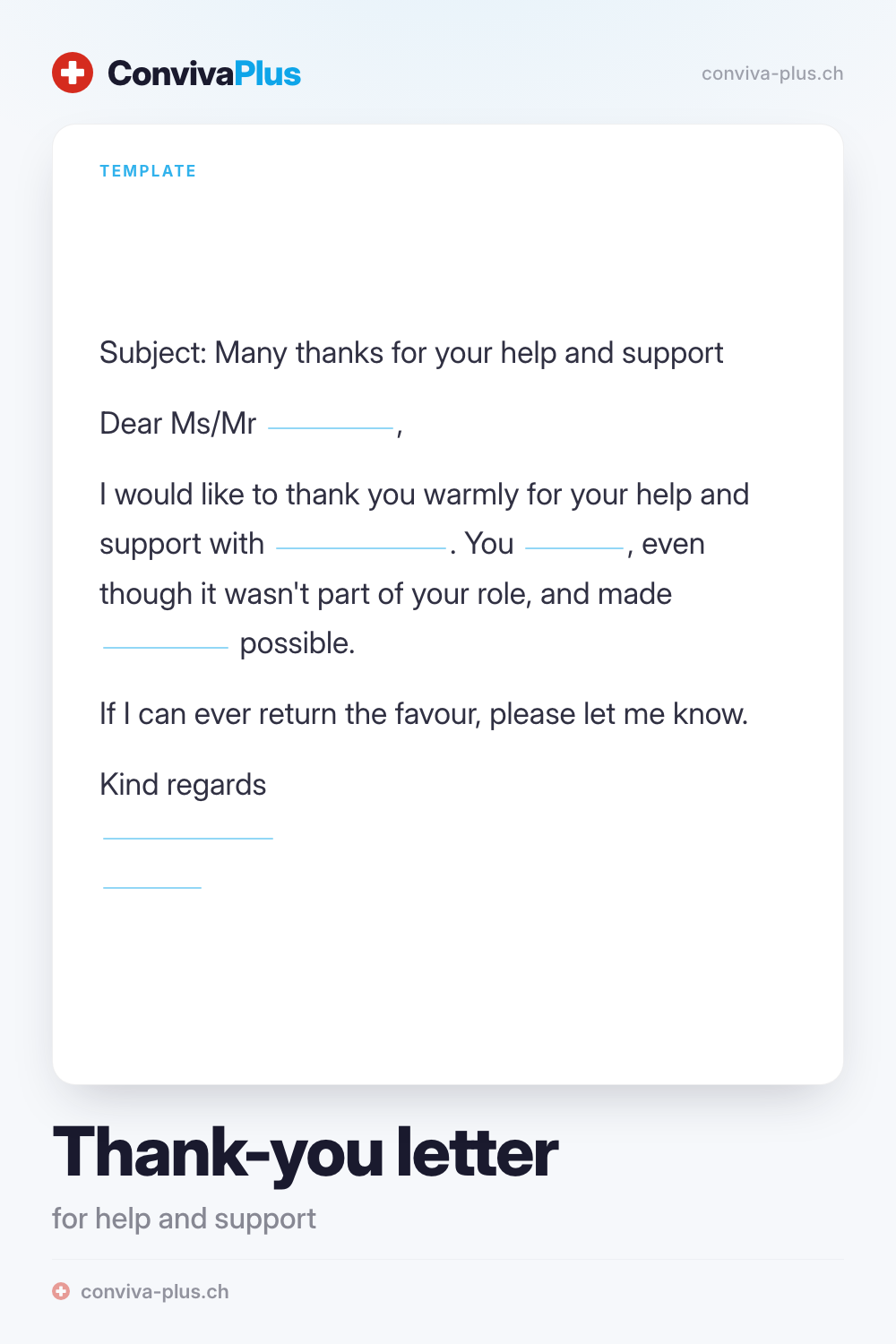 Thank-you letter template: «thanks for your help and support» with lines to fill in, from the ConvivaPlus collection of 140 texts