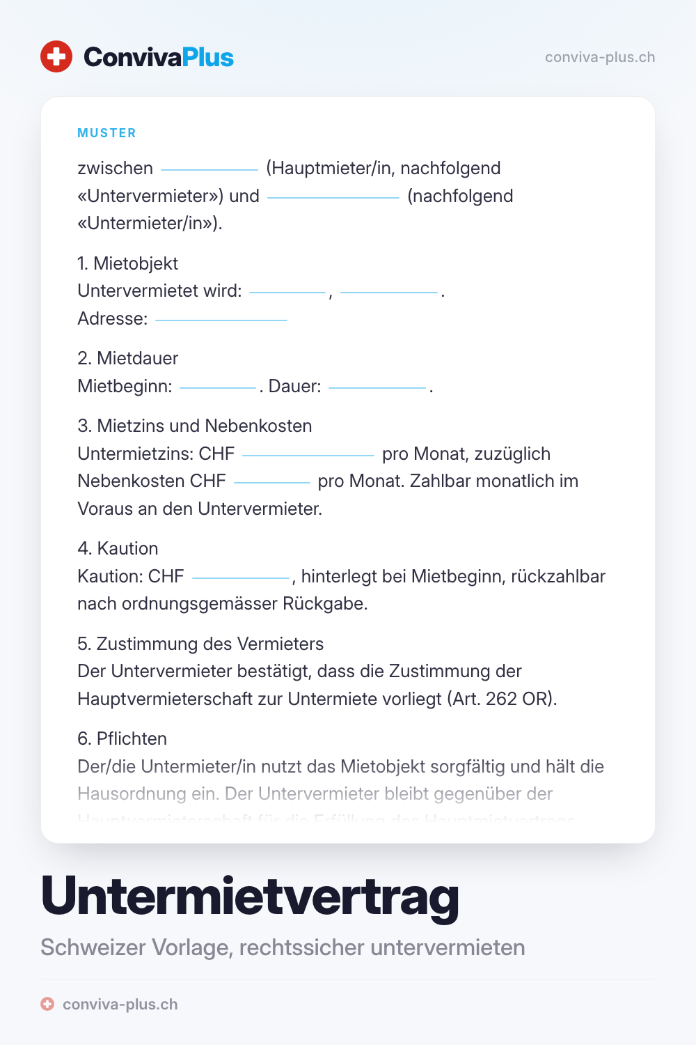 Muster eines Untermietvertrags für die Schweiz mit Platzhaltern für Untervermieter, Untermieter und Mietzins, Vorlage von ConvivaPlus