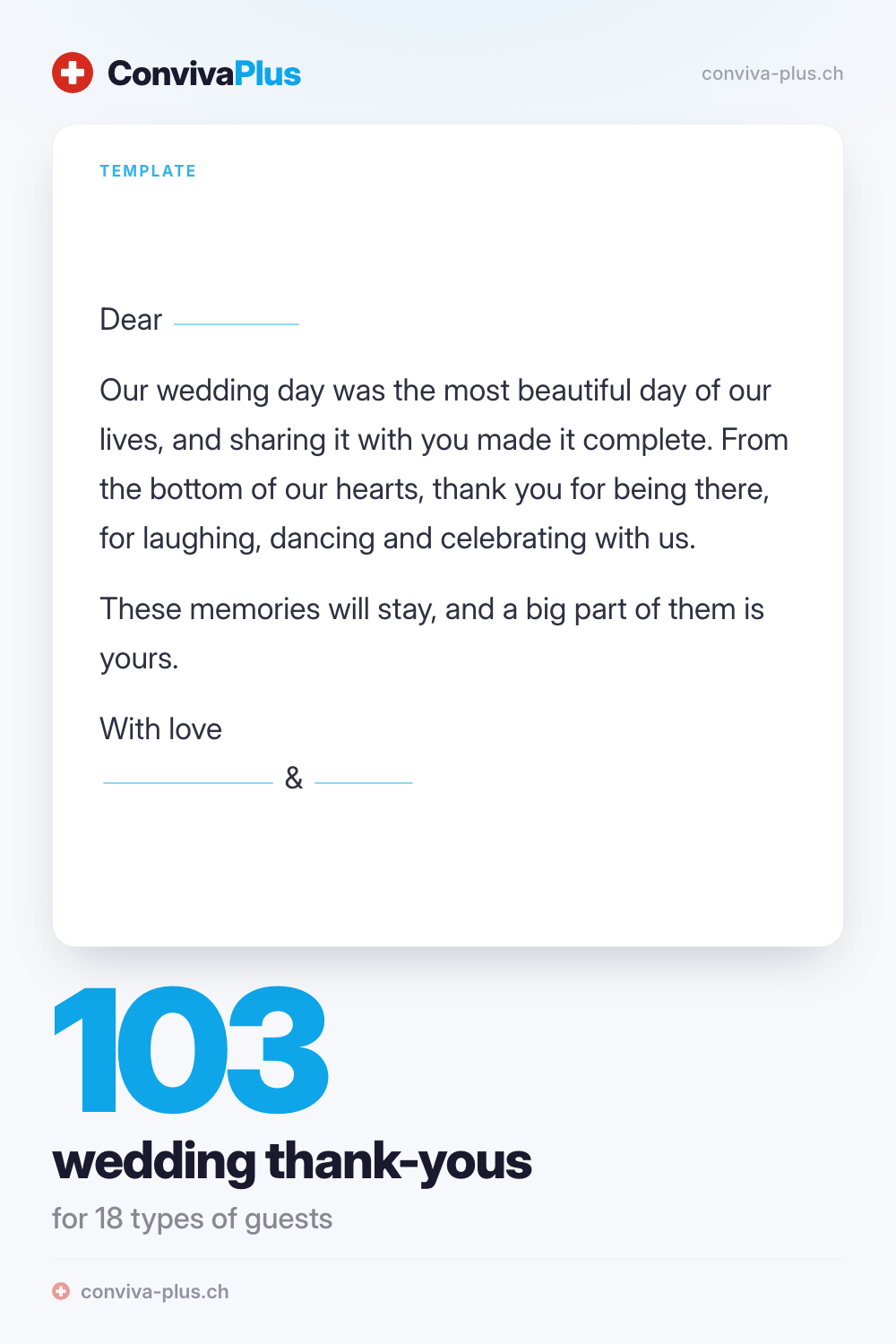 Sample wedding thank-you card with blanks to fill in, from the ConvivaPlus collection of 103 texts for 18 guest types